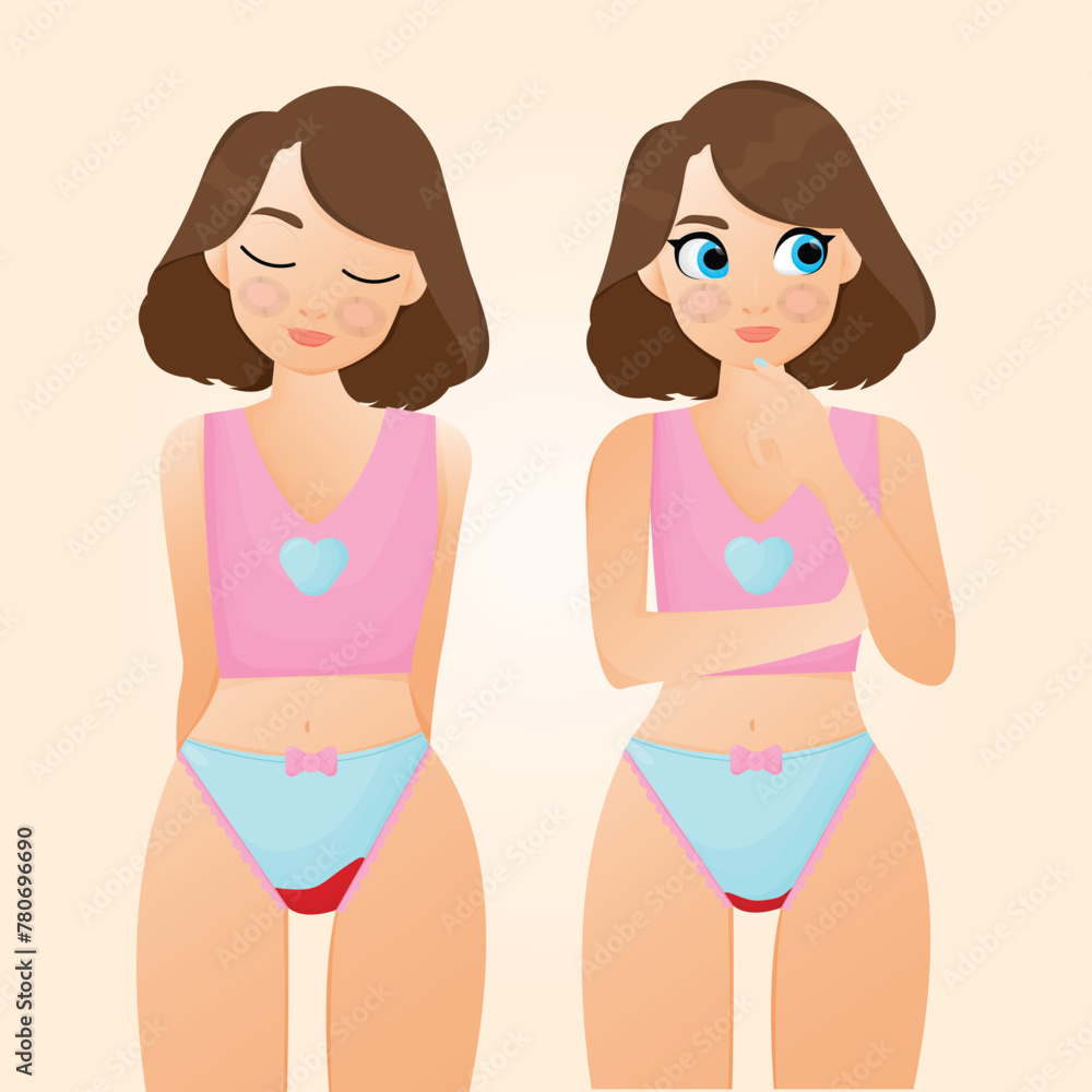 Women with period. Feminine hygiene. Woman in a pink tank top and blue shorts.Vector illustration EPS 10 Women with period. Feminine hygiene. Woman in a pink tank top and blue shorts.Vector illustration EPS 10