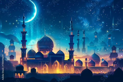 Night scene with mosque and crescent. Eid al Fitr concept, greeting card