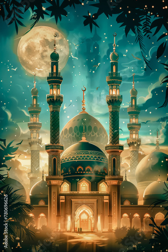 Night scene with mosque and crescent. Eid al Fitr concept