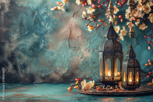 Two lanterns in a room by the wall. Eid al Fitr concept