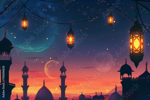 Night scene with mosque and crescent. Eid al Fitr concept