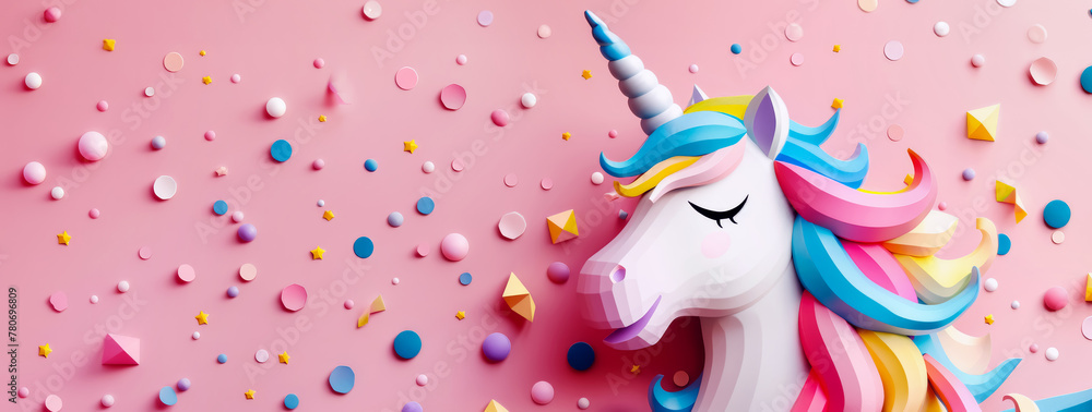 White unicorn with colorful mane on pink background. - obrazy, fototapety, plakaty 