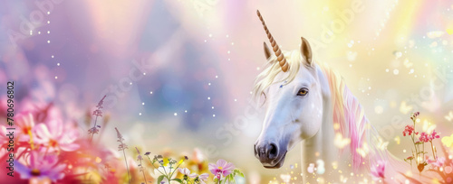 White unicorn with pink mane in field of colorful flowers