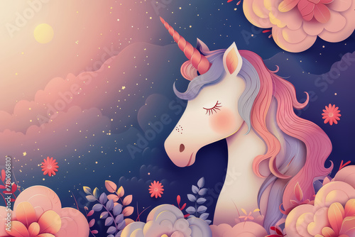 A unicorn with fluffy colorful hair in a magical forest.
