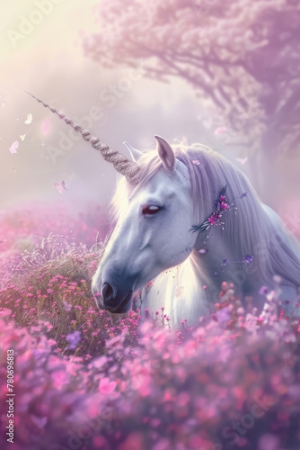 White unicorn in field of pink flowers