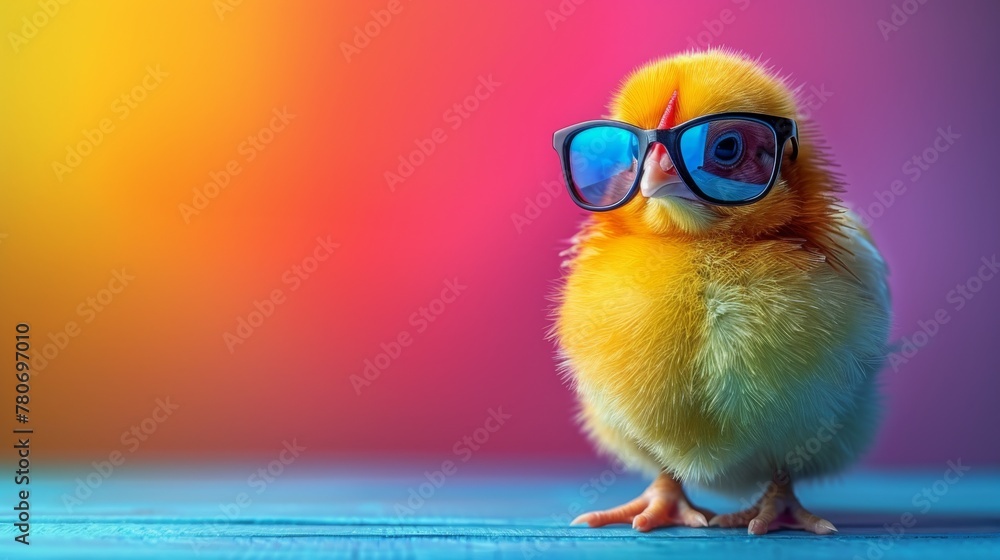 The playful sight of a chicken wearing trendy sunglasses, set before a pastel backdrop, offers a lighthearted image complete with copy space for your imaginative content