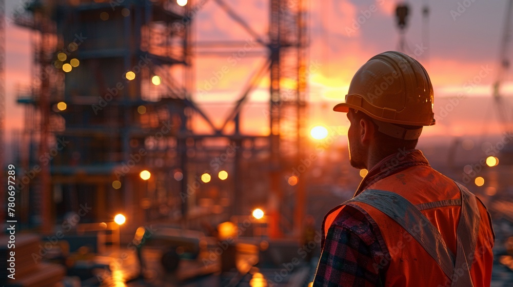 Engineer, professional at construction site, twilight ambiance, shoulder view, lifelike texture, high clarity, and ultra HD Engineer, professional at construction site, twilight ambiance, shoulder view, lifelike texture, high clarity, and ultra HD