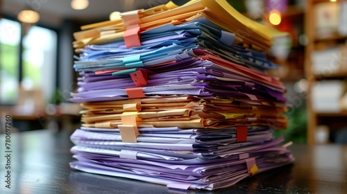 Neatly arranged stacks of documents and folders on an office desk, showcasing organizational efficiency photo
