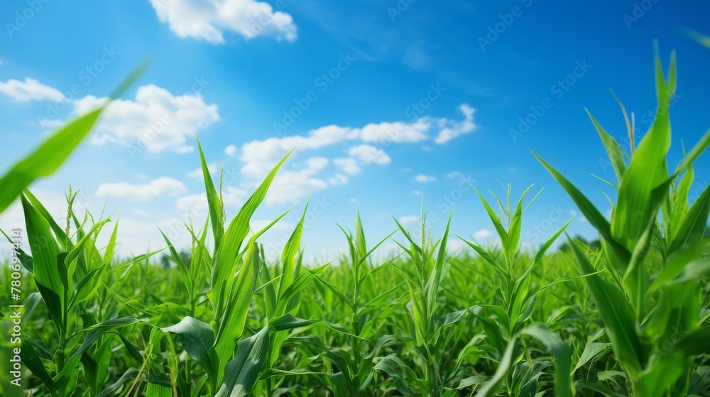 Neat rows of lush green cornstalks standing tall against a clear blue sky
