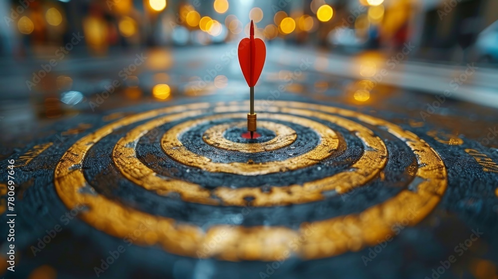 Close-up of an arrow striking the bullseye on a target board, symbolizing accuracy and achievement in a moment of triumph Close-up of an arrow striking the bullseye on a target board, symbolizing accuracy and achievement in a moment of triumph