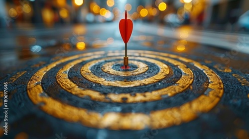 Close-up of an arrow striking the bullseye on a target board, symbolizing accuracy and achievement in a moment of triumph