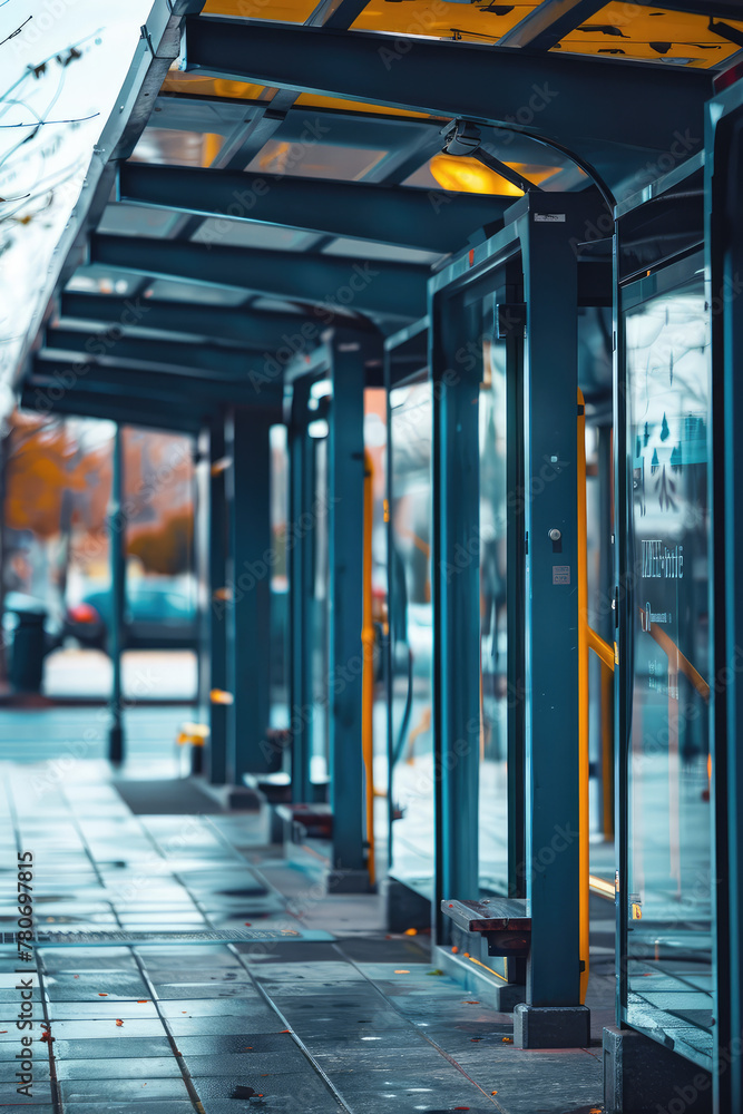 Empty bus stop station, city street, nobody. The concept of accessible public transportation. Empty bus stop station, city street, nobody. The concept of accessible public transportation.
