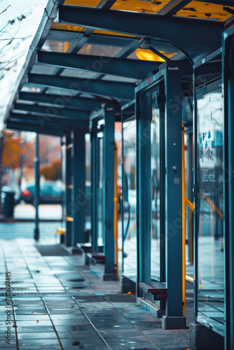 Empty bus stop station  city street  nobody. The concept of accessible public transportation.