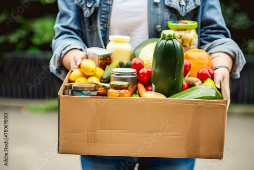 A volunteer holds a cardboard box filled with canned food and various food products, oil, vegetables, milk, charity. Donation and volunteering concept photo