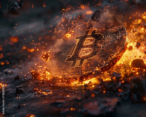 Highdetail image of a Bitcoin coin exploding pieces illuminated by computer code cyber effect