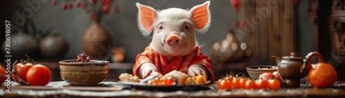 Japanese chef pig creating culinary masterpieces a delightful fusion of cuteness and culinary tradition photo