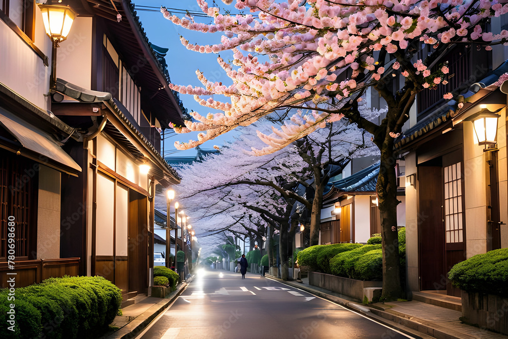 A rural village with beautiful cherry blossoms, Generative AI