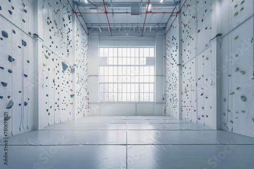 Empty indoor rock climbing wall room interior. Rock climbing training and education center, copy space. 