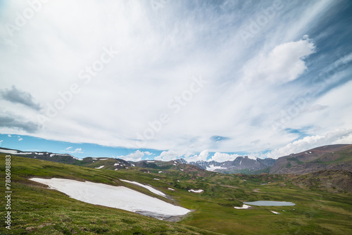 Scenic awesome landscape with big snowfield and alpine lake among green hills and rocks with view to glacier and large snow-capped mountain top far away under clouds in blue sky in changeable weather.