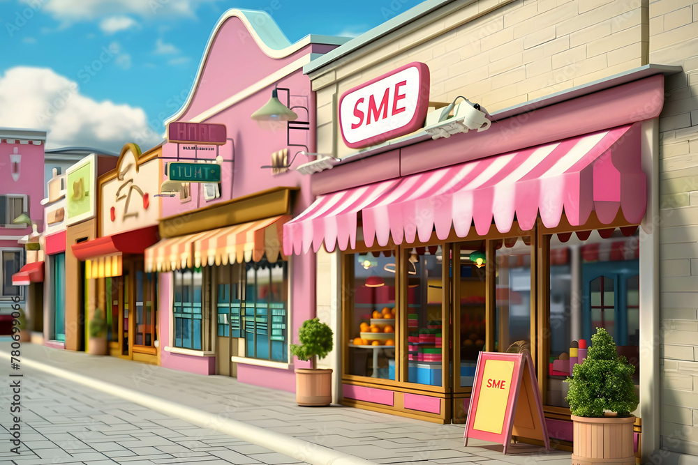 3d illustration shops with sign “SME”, Small and Medium Enterprises 3d illustration shops with sign “SME”, Small and Medium Enterprises