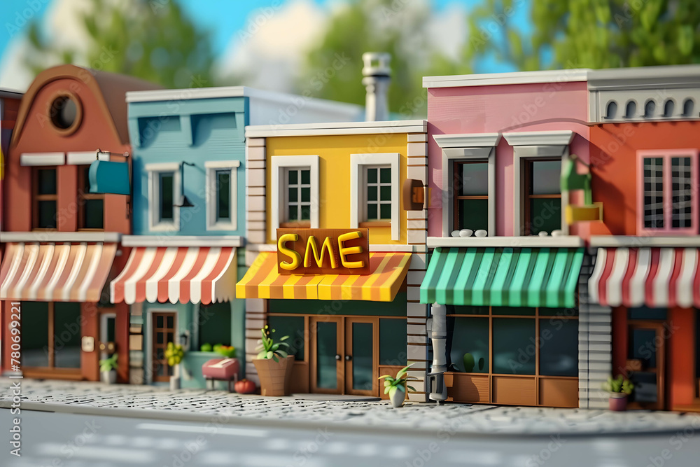 3d illustration shops with sign “SME”, Small and Medium Enterprises