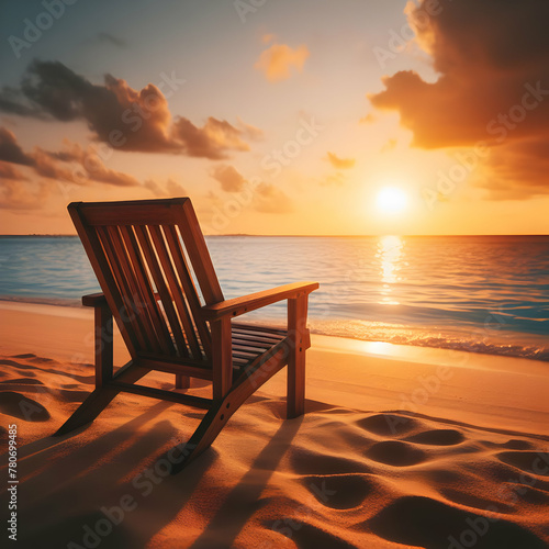 Alone wooden chair by the sea beach view with sunset 