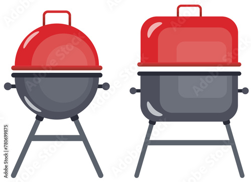 Barbecue grill illustration set. Two forms of a red brazier on a foil background.