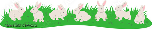 Cute little bunnies playing in green meadow. Hand drawn linear cartoon baby rabbits in different poses sitting in green grass. Horizontal header banner
