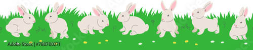 Cute little bunnies playing in green meadow. Hand drawn linear cartoon baby rabbits in different poses sitting in green grass. Horizontal header banner. Seamless border pattern