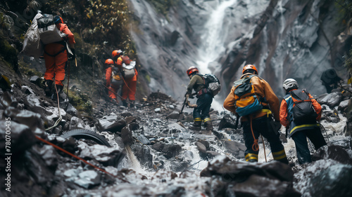 Rescue team in rescue operation from landslide situation .Searching for missing person ,help injured people ..