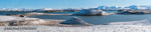 Snow covered landscape in panorama format with lake Myvatn and a number of small volcanic explosion craters photo