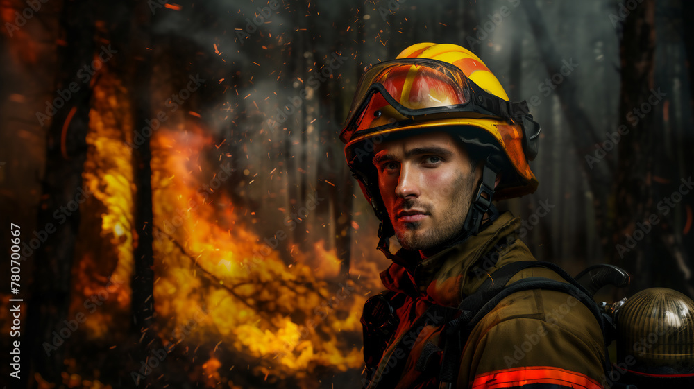 portrait of Firefighter with wildfire disaster on background . portrait of Firefighter with wildfire disaster on background .