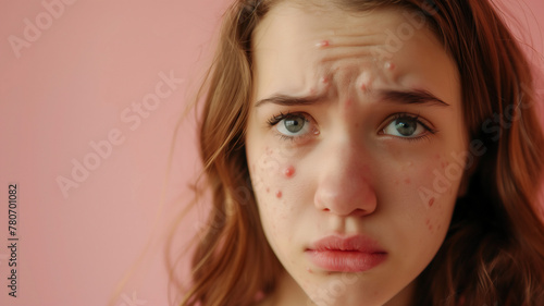 teenage girl have acne problem , Facial skin problems .