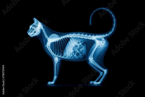 X-ray of a cat full body blue tone radiograph on a black background