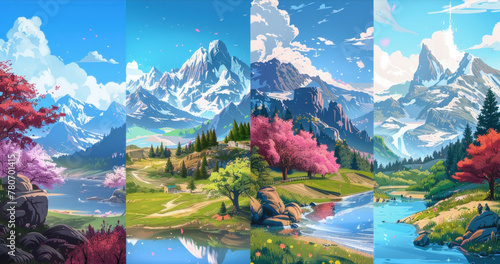Different views of mountain landscapes showcasing varied terrain, vegetation, and weather conditions