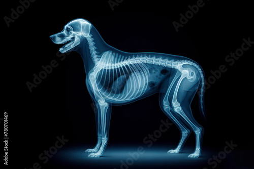 X-ray of a dog full body blue tone radiograph on a black background