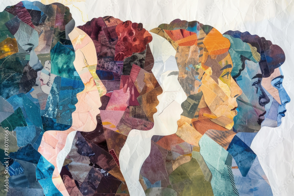 A digital collage showcasing various human profiles overlapping with vibrant textures and patterns