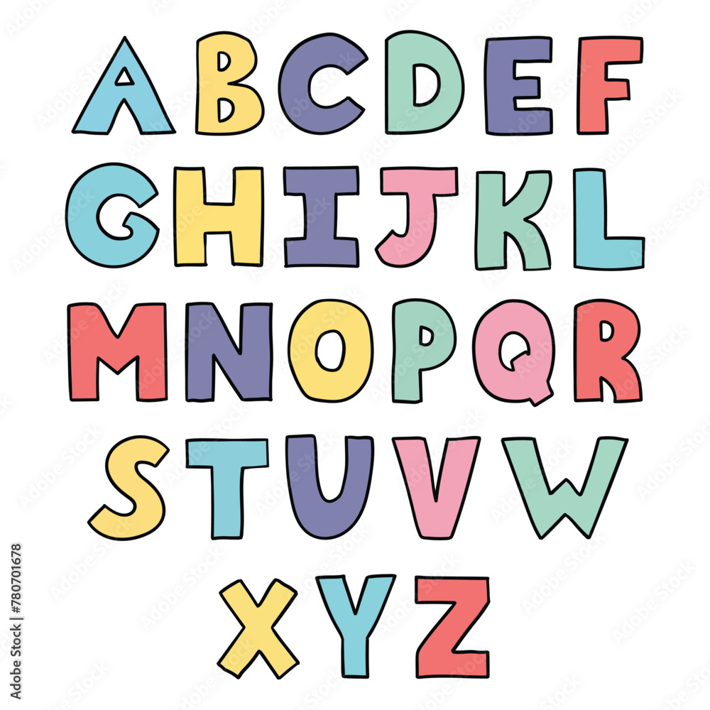 Hand drawn doodle english multicolored alphabet on white background.