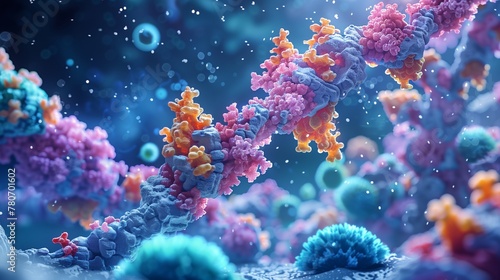 Visualize the molecular encounter between insulin, molluscum, and sugar molecules in a dynamic 3D landscape. Emphasis is placed on specific binding sites and conformational changes that drive cellular photo