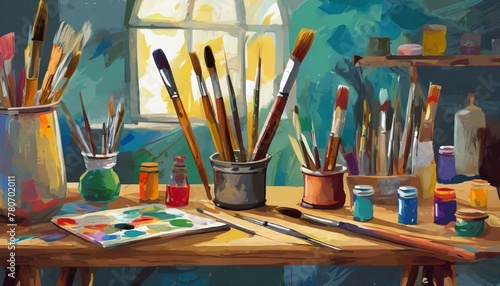 Inspiration Station: Table Set with Brushes and Tools in Art Workshop