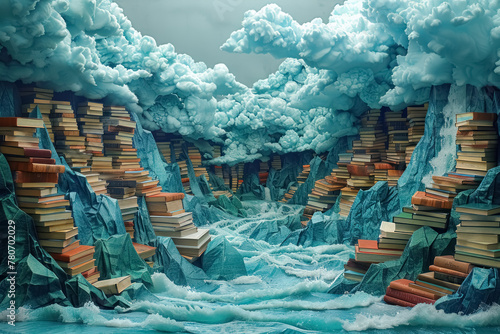 enigmatic landscape of towering book stacks amidst mystical clouds and turbulent ocean waves in surreal lighting photo