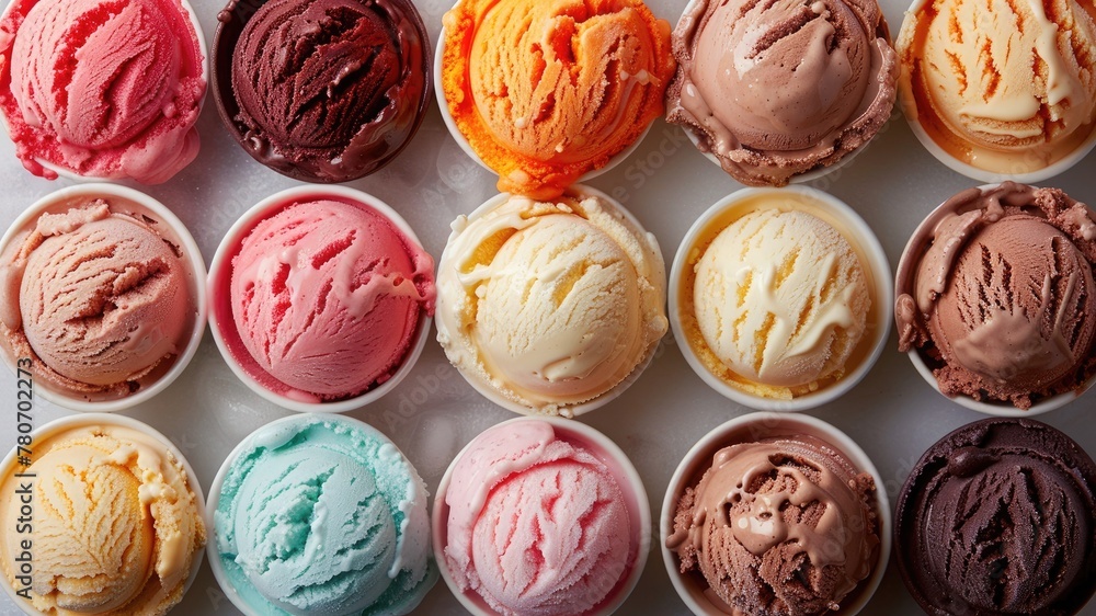 Obraz premium Elevate your dessert photography with this close-up shot showcasing a variety of creative ice cream flavors from above.