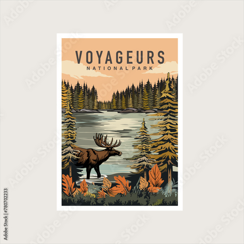 Emblem sticker patch logo illustration of Voyageurs National Park on dark background, lake and canoe vector badge