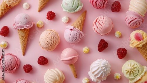Elevate your dessert photography with this close-up shot showcasing a variety of creative ice cream flavors from above.