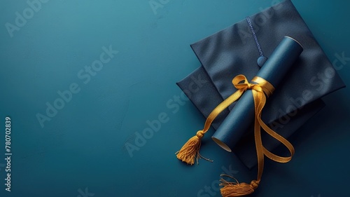 Embrace the significance of education with this symbolic image of a graduation cap, diploma, and blue background.