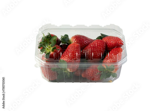 Strawberries in a plastic box cut out isolated transparent background
