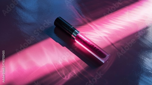 tube of pink glitter lipstick lying on a surface, illuminated by light casting dramatic shadows photo