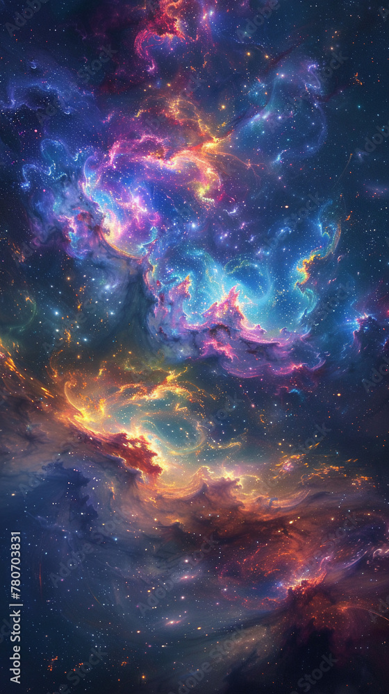 Galactic nebula, swirling colors, cosmic energy pulsating in an abstract universe, infinite space, digital art, vibrant hues, chromatic aberration