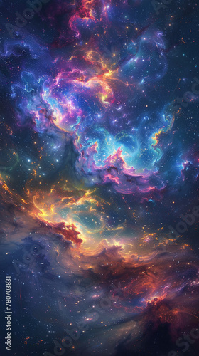 Galactic nebula, swirling colors, cosmic energy pulsating in an abstract universe, infinite space, digital art, vibrant hues, chromatic aberration