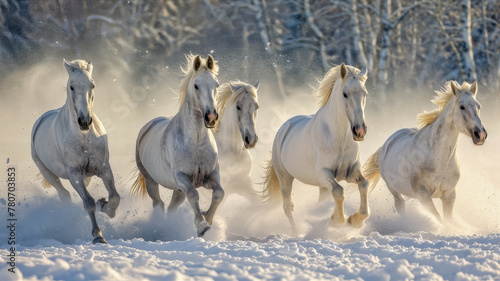 Whie Arabian horses gallop in snow